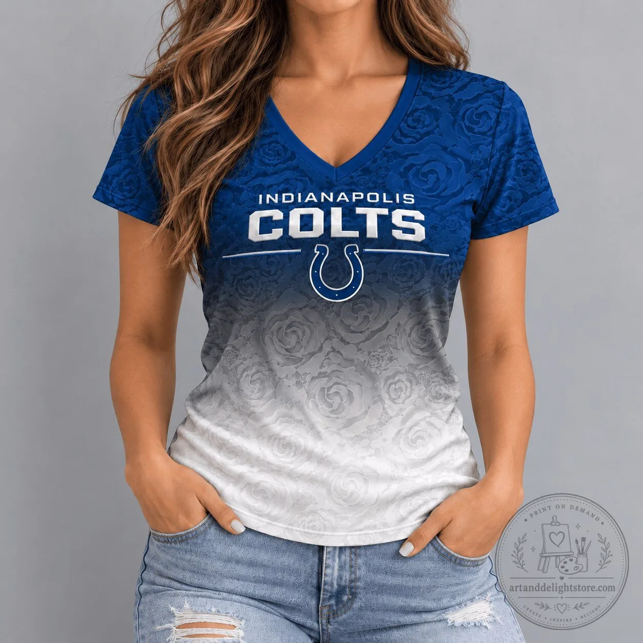 Indianapolis Colts Football Team Rose Ombre Pattern Women's V-Neck T-Shirt