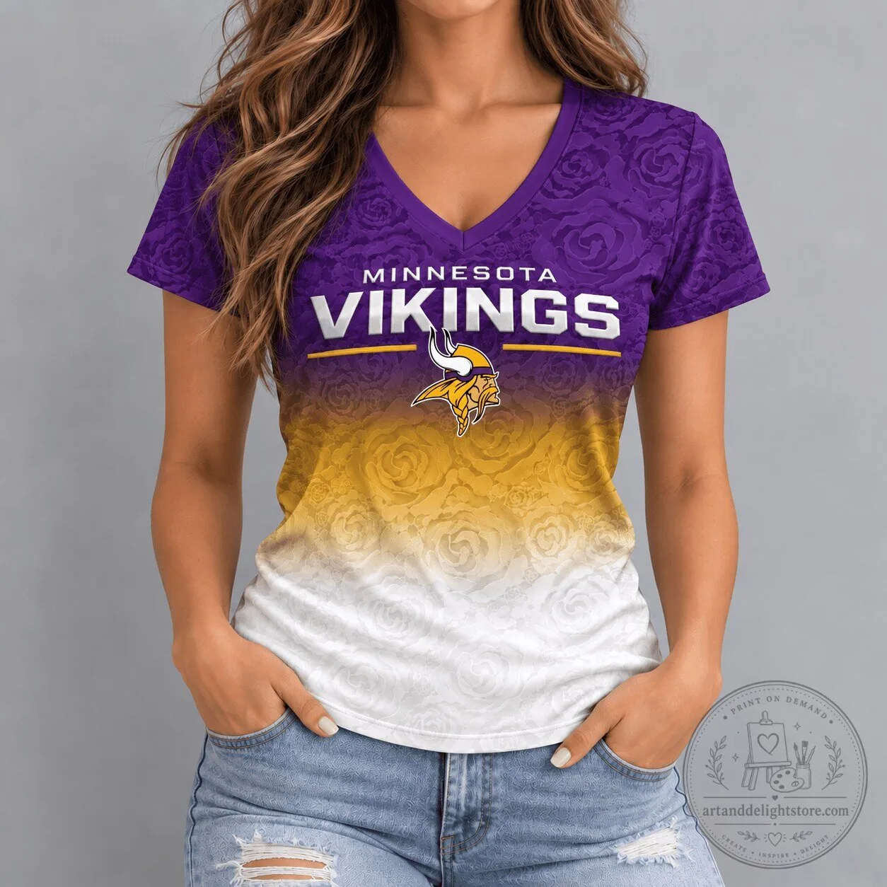 Minnesota Vikings NFL Football Embossed Rose Ombre Women's V-Neck T-Shirt