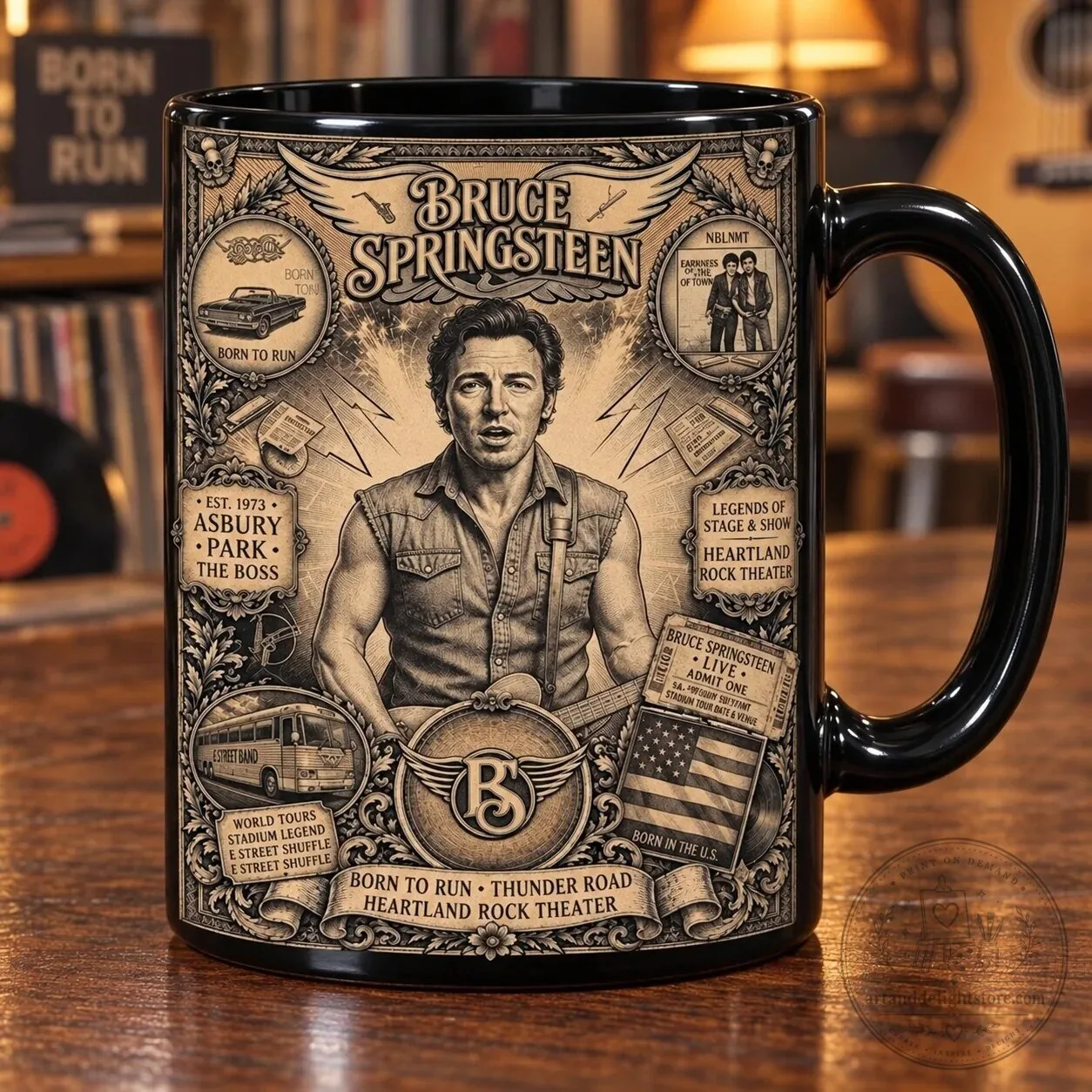 Bruce Springsteen Born To Run Vintage Tribute Black Ceramic Coffee Mug