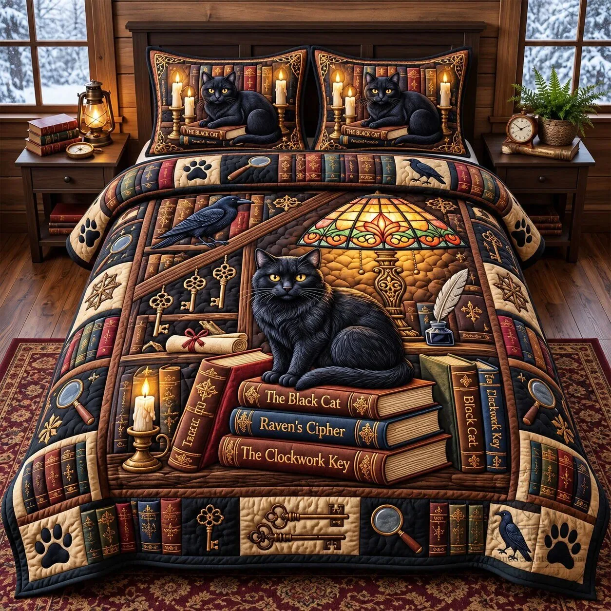 Black Cat Magical Bookshelf Quilted Bedding Set with Pillow Shams
