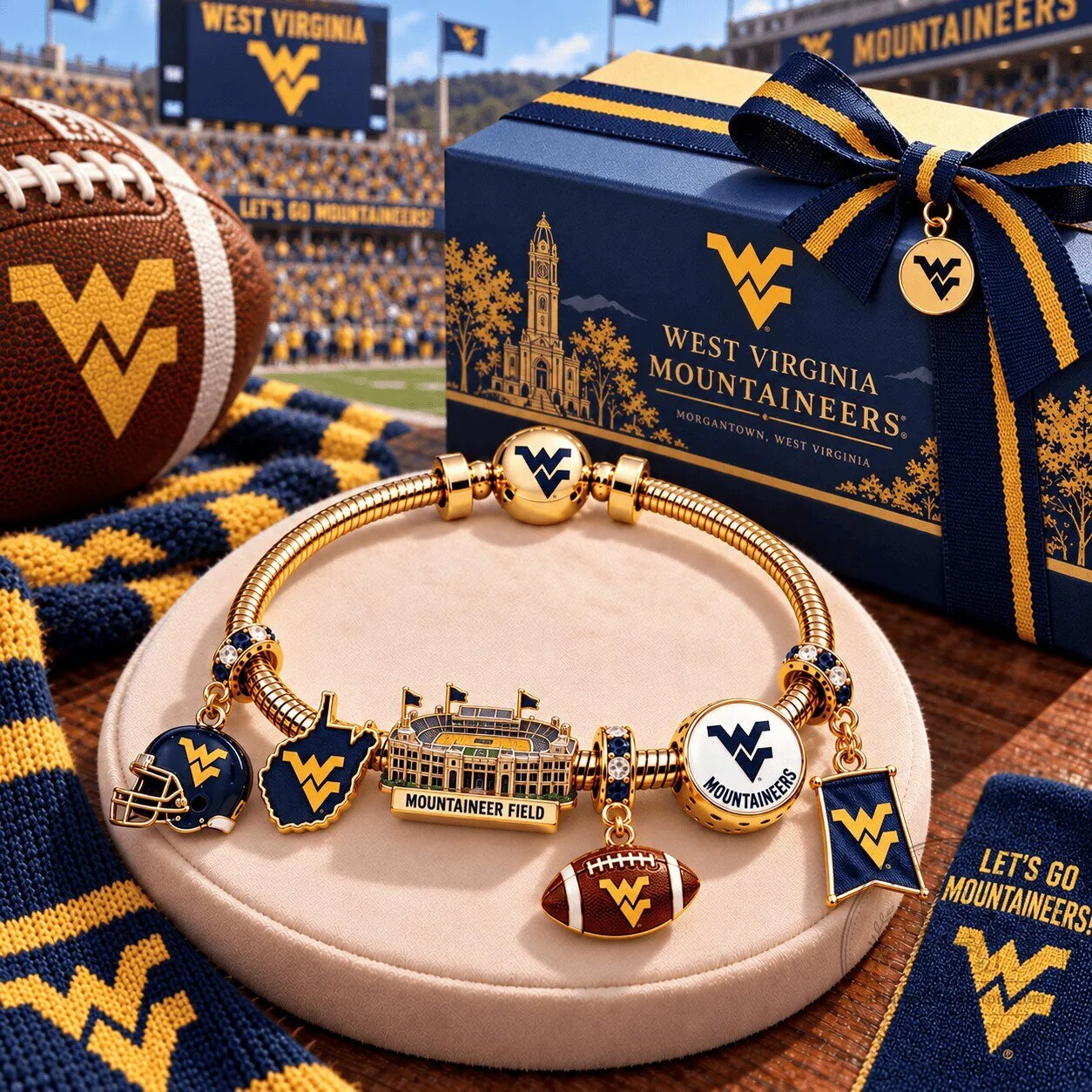 West Virginia Mountaineers Football Charm Bracelet with Mountaineer Field Charm