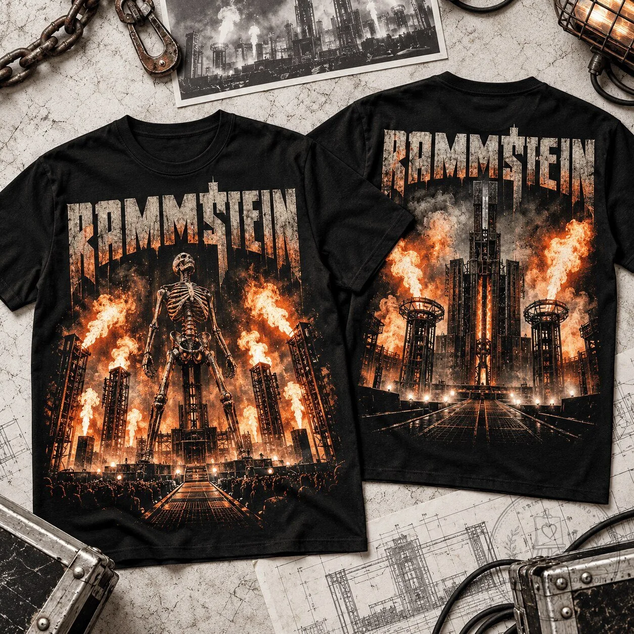 Rammstein Industrial Firestorm Skeleton Graphic Black Band Music T-Shirt