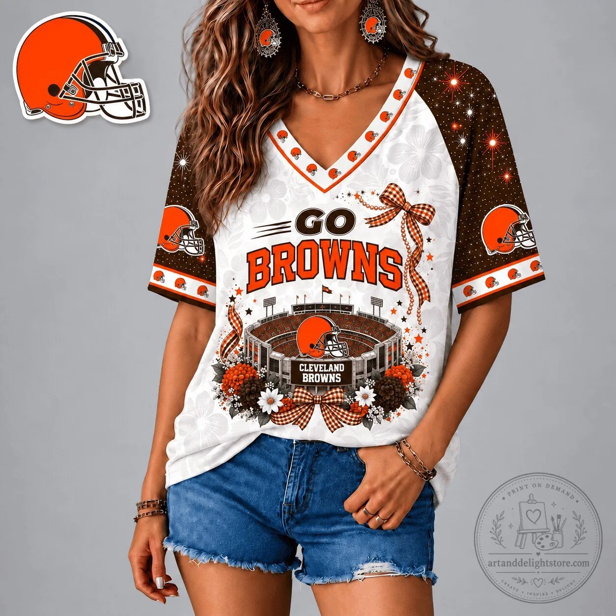 Cleveland Browns Football Team Patriotic Floral Bow V-Neck T-Shirt