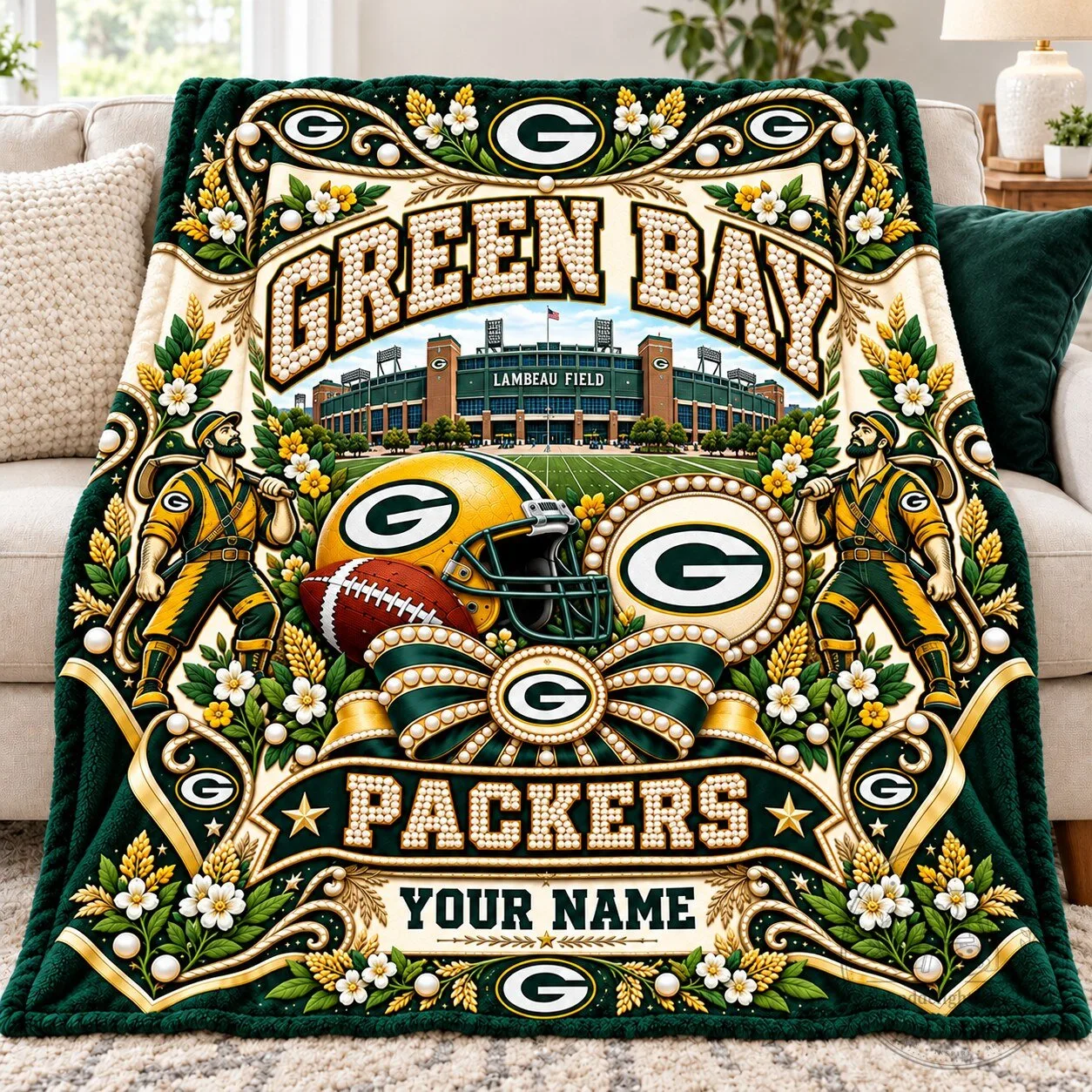 Green Bay Packers Lambeau Field NFL Custom Name Football Fan Blanket