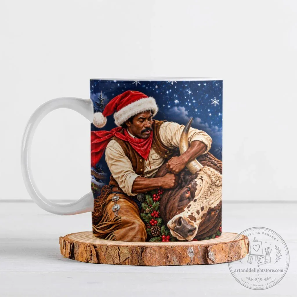 Bill Pickett Christmas Bull Rider Ceramic Coffee Mug Snowy Winter Western Rodeo Night