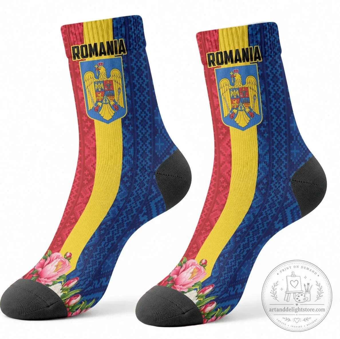 Romania Flag Eagle and Arcul de Triumf Traditional Folk Pattern Crew Socks 6 Romania Flag Eagle and Arcul de Triumf Traditional Folk Pattern Crew Socks
