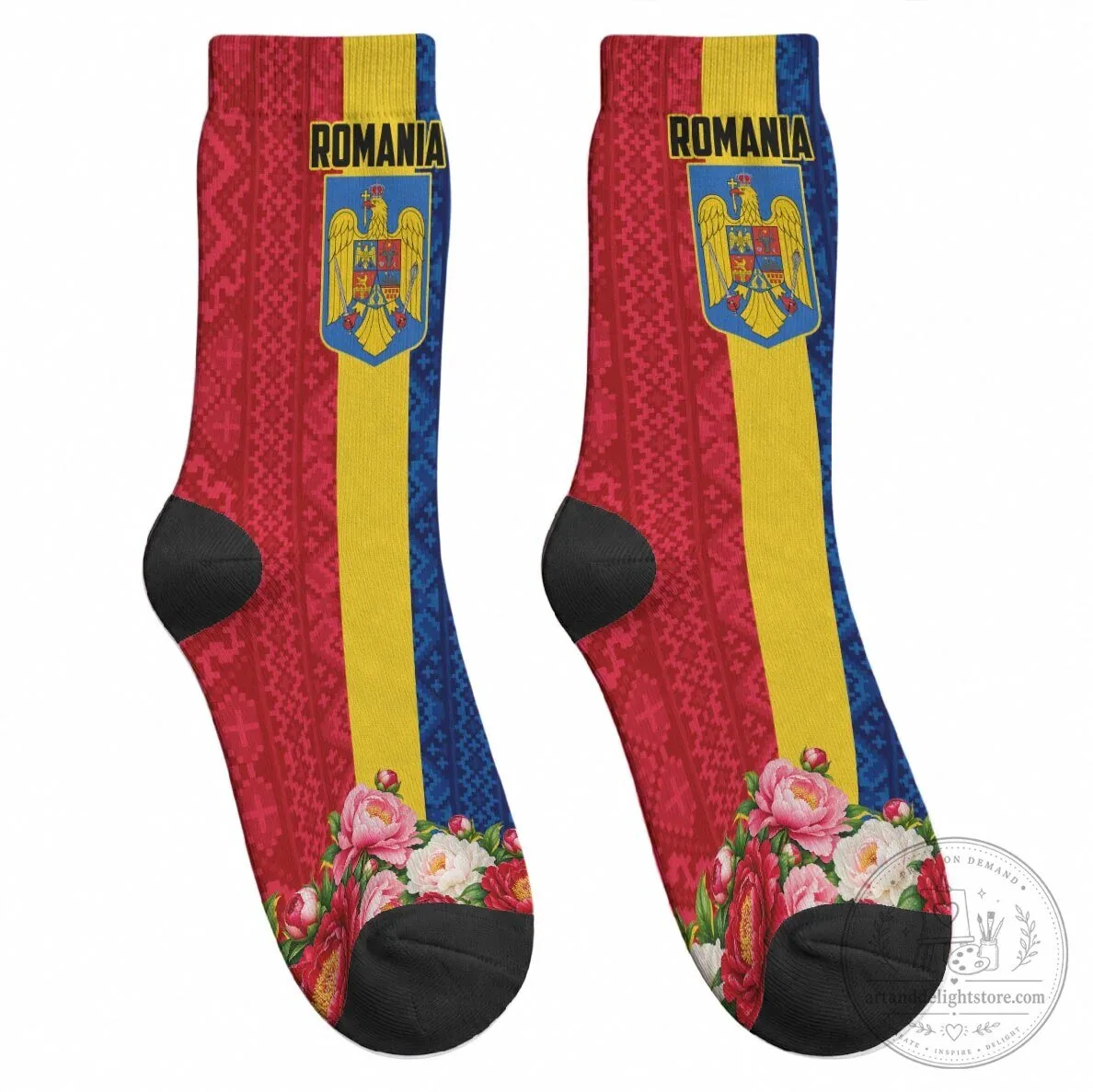 Romania Flag Eagle and Arcul de Triumf Traditional Folk Pattern Crew Socks 7 Romania Flag Eagle and Arcul de Triumf Traditional Folk Pattern Crew Socks