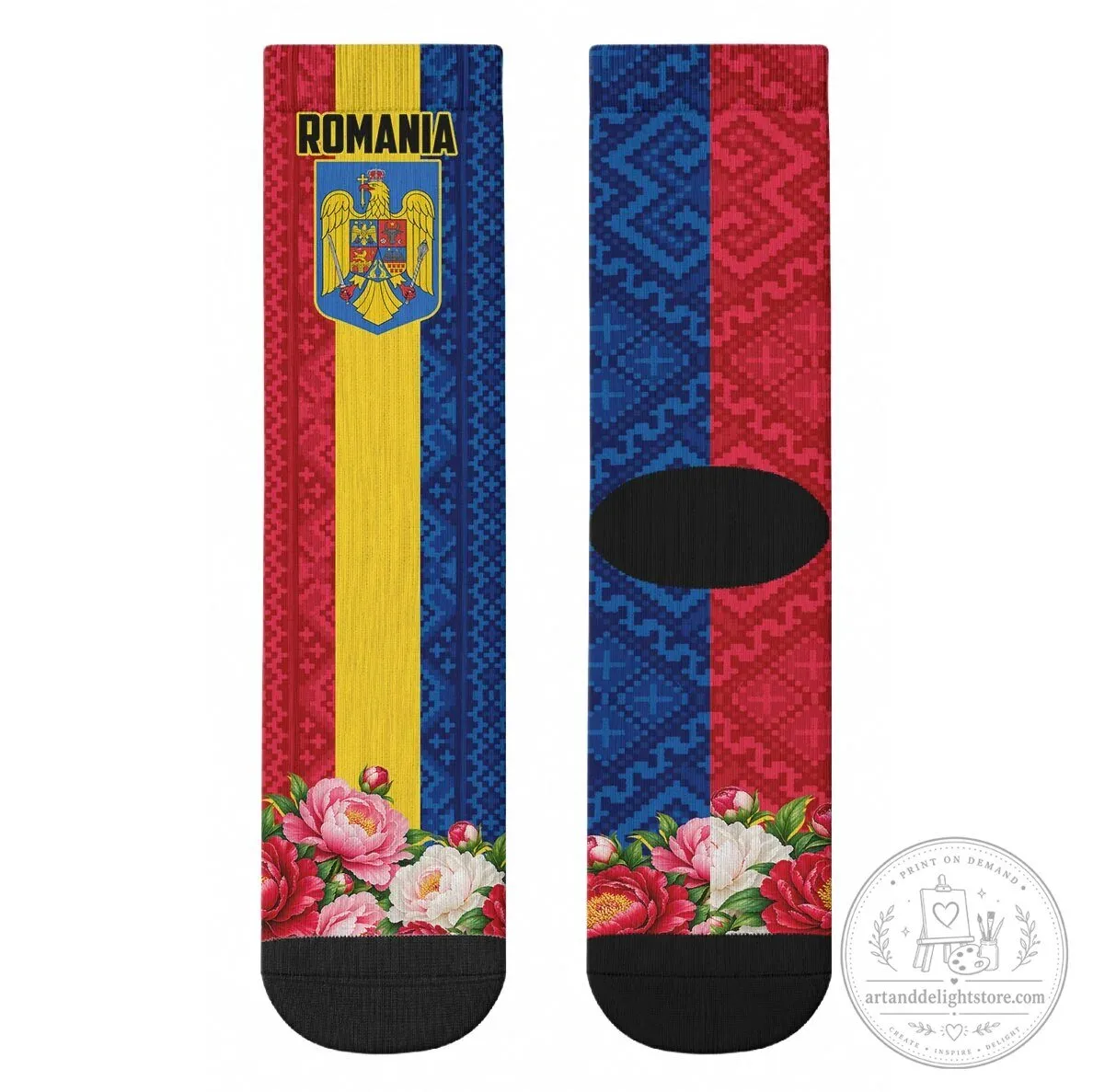 Romania Flag Eagle and Arcul de Triumf Traditional Folk Pattern Crew Socks 9 Romania Flag Eagle and Arcul de Triumf Traditional Folk Pattern Crew Socks