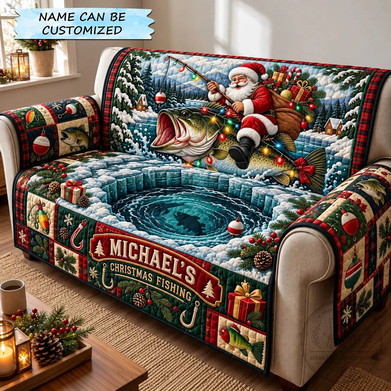 Santa Claus Christmas Fishing Adventure Quilted Sofa Cover