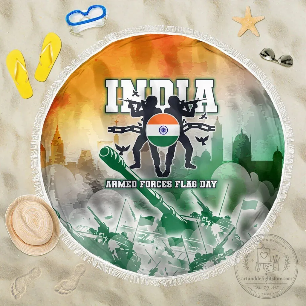 India Armed Forces Flag Day Military Indian Flag Silhouette Round Beach Blanket