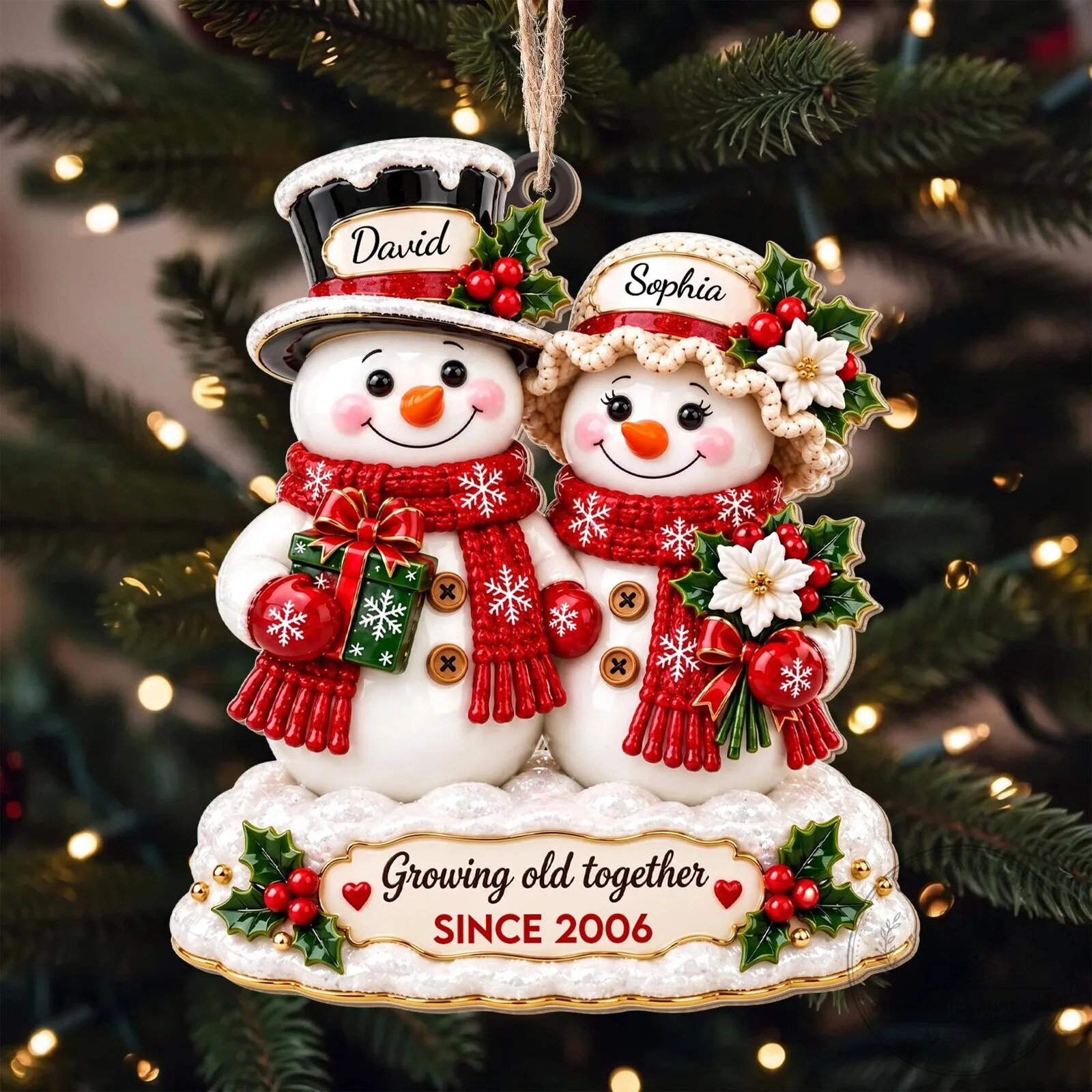 Personalized Snowman Couple Christmas Ornament with Names and Year