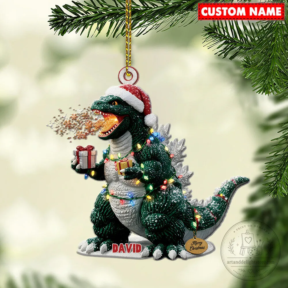 Godzilla Christmas Tree Ornament Personalized with Custom Name and Merry Christmas Tag