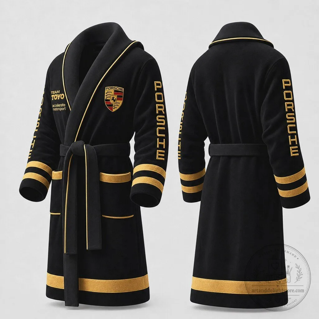 Porsche Racing Team Black and Gold Plush Bathrobe for Men