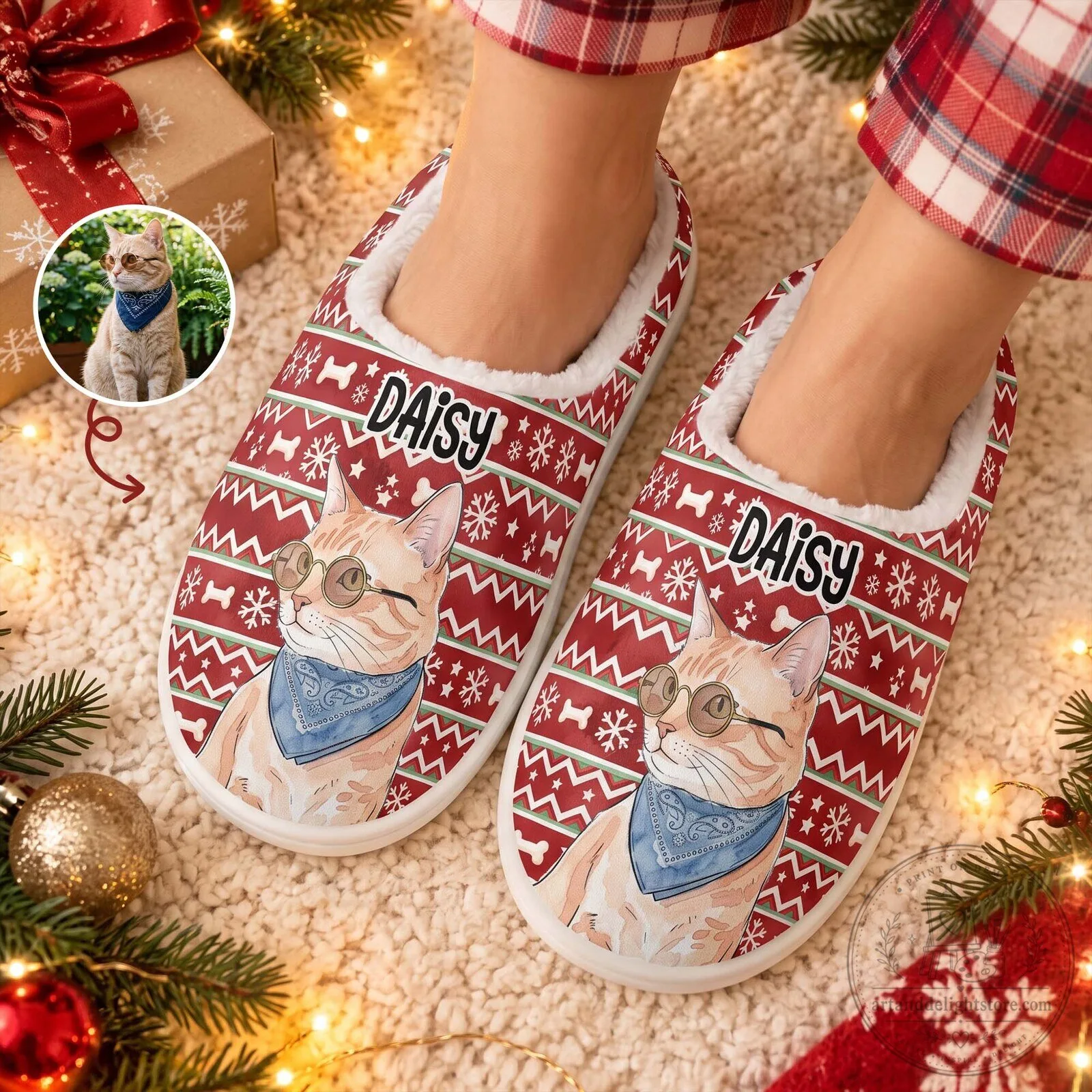 Personalized Pet Photo Christmas Slippers Custom Cat Dog Watercolor Art Gift