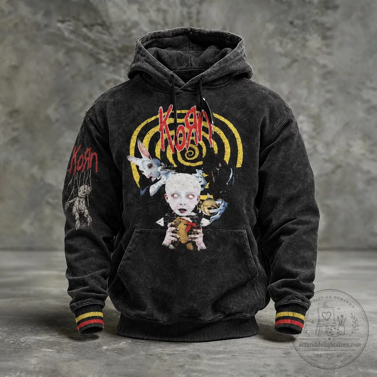 Korn Band Logo Washed Black Graphic Print Hooded Sweatshirt