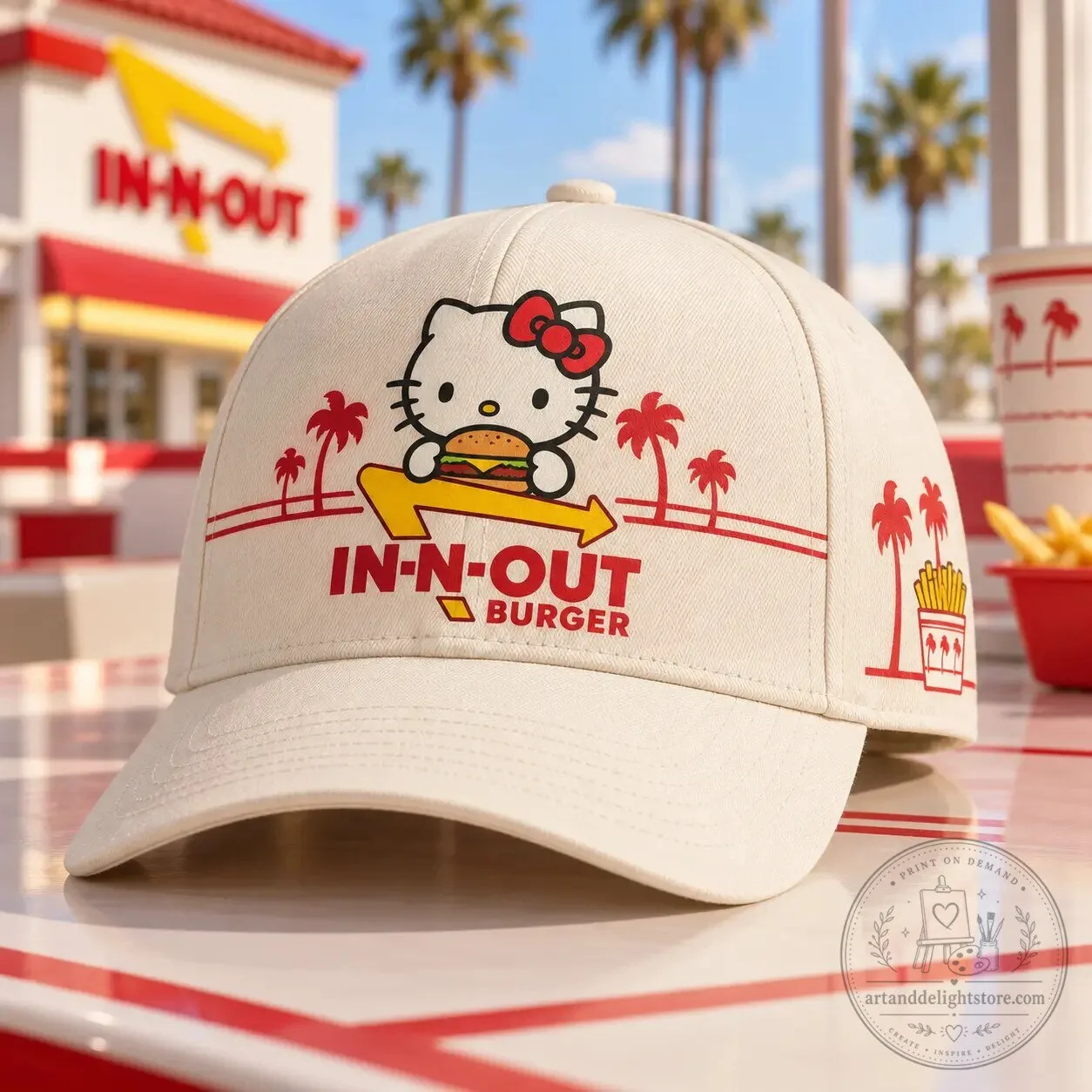 In-N-Out Burger Hello Kitty Red Bow And Burger Graphic Print Baseball Cap Hat