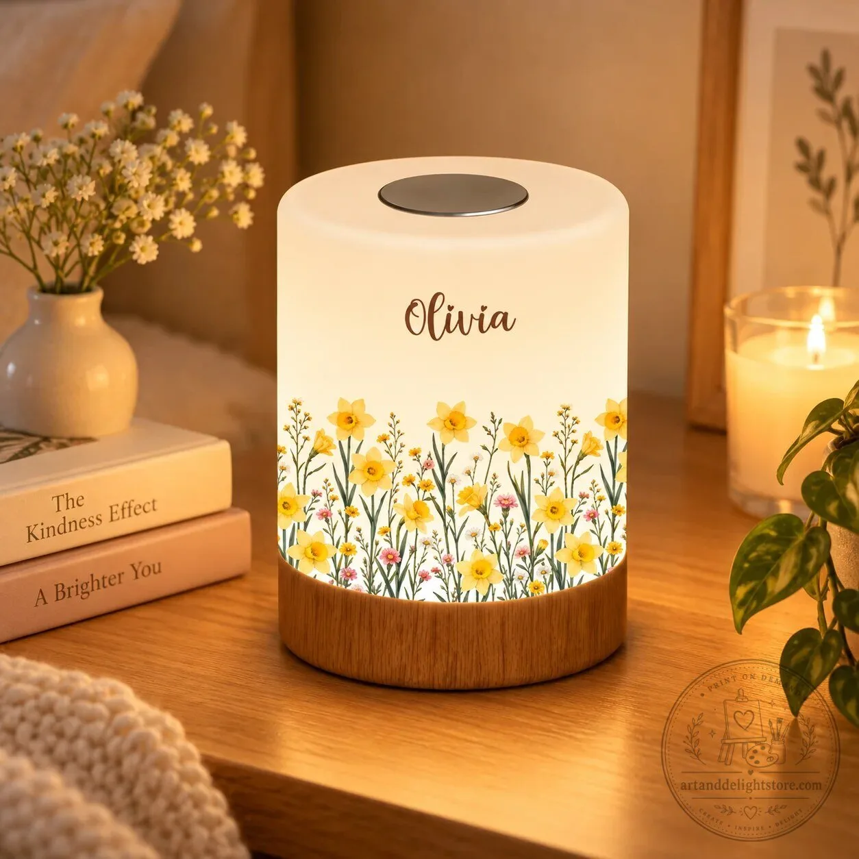 Personalized Daffodil Birth Flower Name Accent Lamp with Wood Base