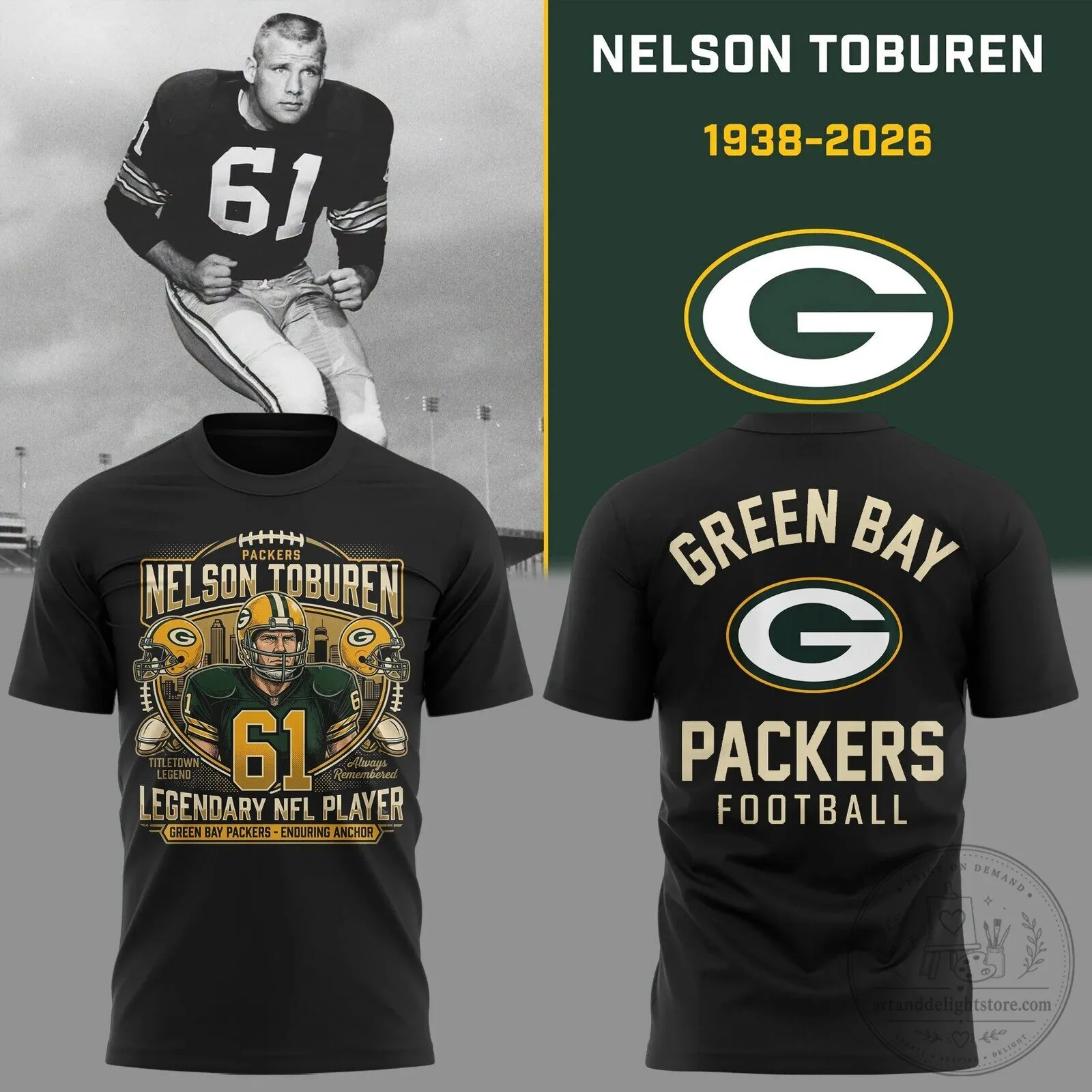 Green Bay Packers Football T-Shirt featuring Legendary NFL Player Nelson Toburen
