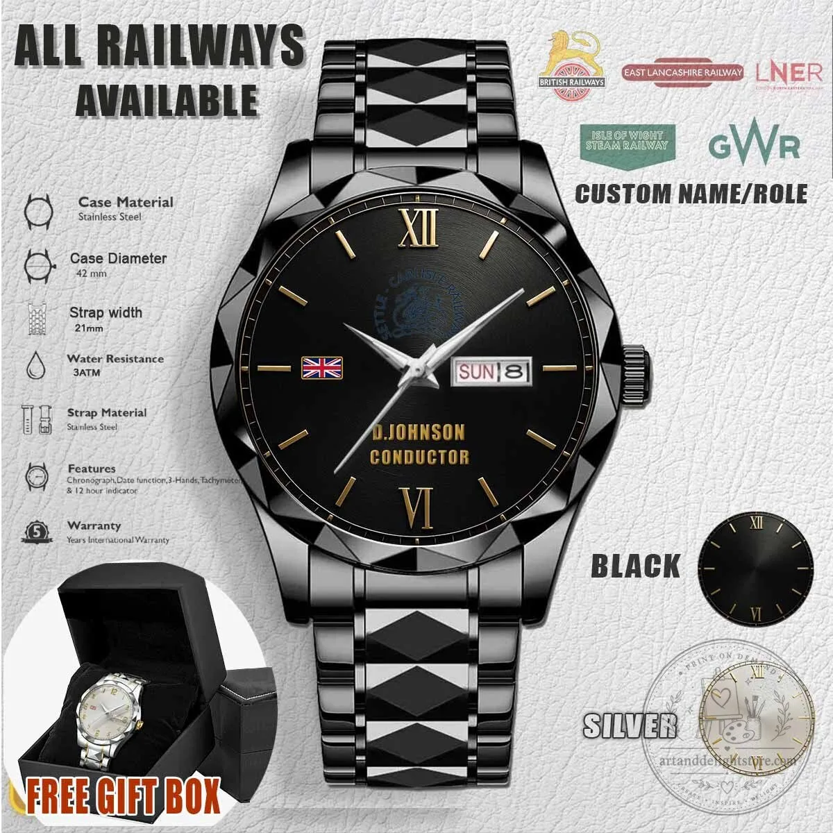 Settle Carlisle Line Railway Black Stainless Steel Watch with Custom Name