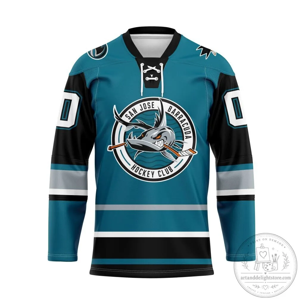San Jose Barracuda Personalized Teal and Black Lace-Up Hockey Jersey
