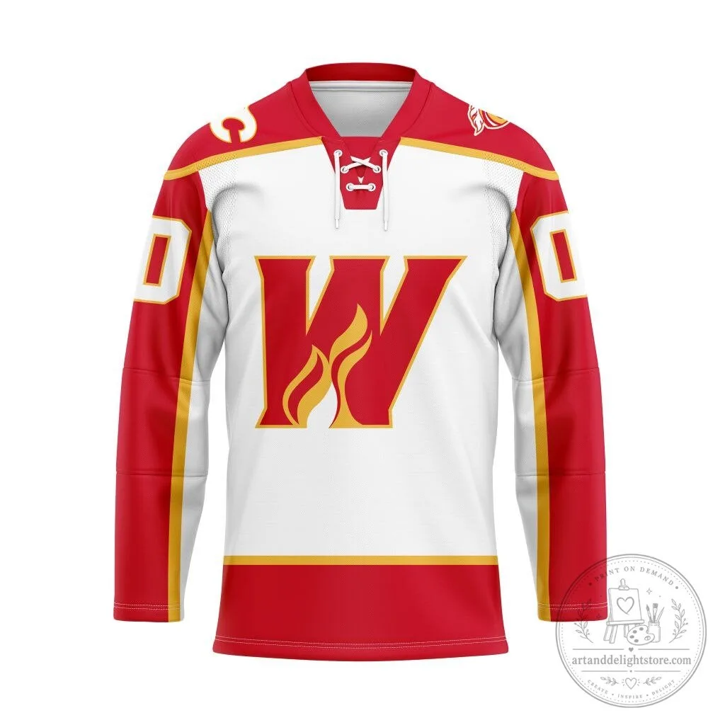 Calgary Wranglers Personalized White and Red Hockey Jersey with Lace-Up Collar
