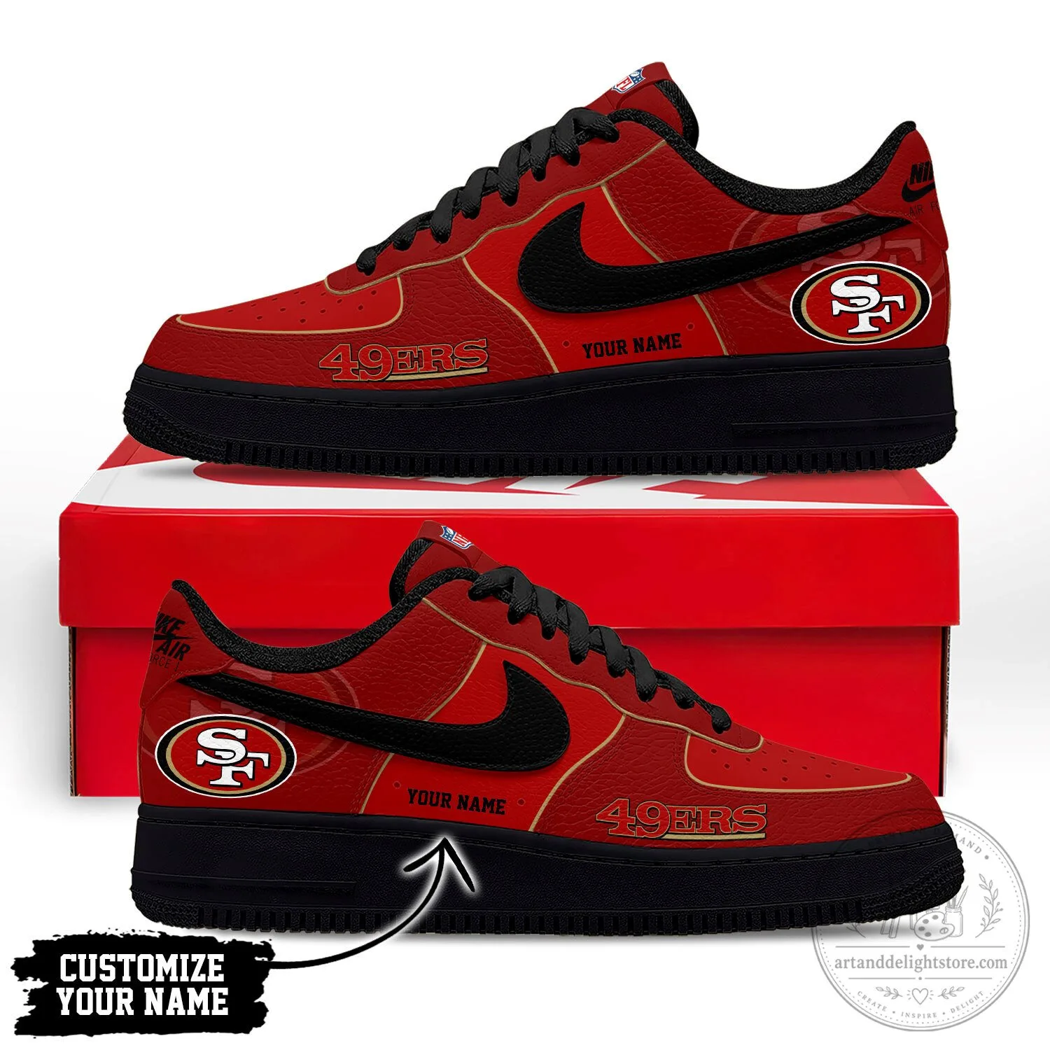 San Francisco 49ers NFL Team Logo Custom Name Red and Black Sneakers Shoes