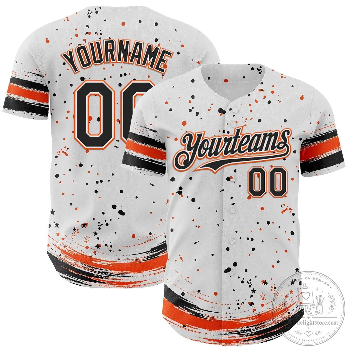 Custom White Black Orange Stars Paint Splatter Brush Stroke Baseball Jersey 5 Custom White Black Orange Stars Paint Splatter Brush Stroke Baseball Jersey