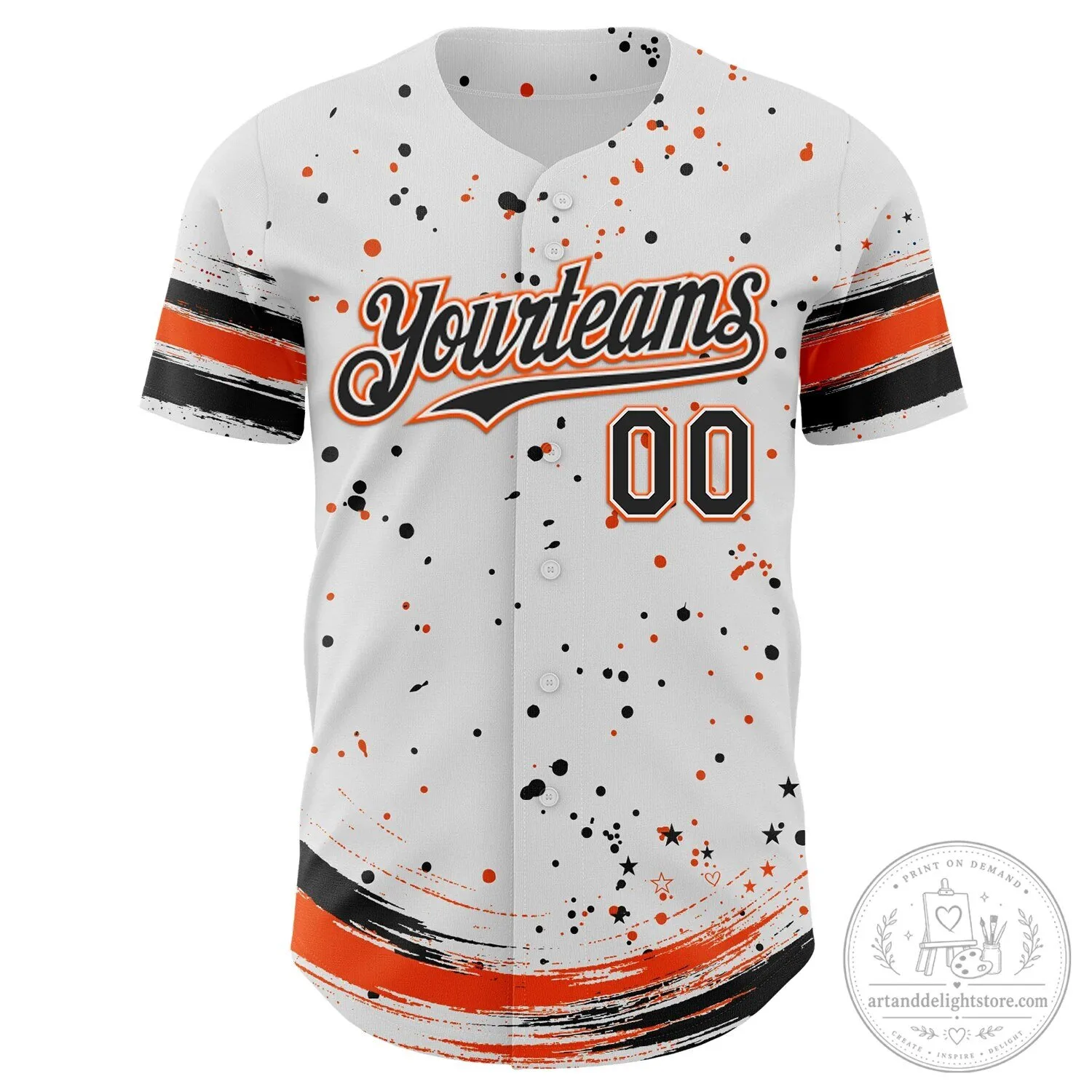Custom White Black Orange Stars Paint Splatter Brush Stroke Baseball Jersey 6 Custom White Black Orange Stars Paint Splatter Brush Stroke Baseball Jersey