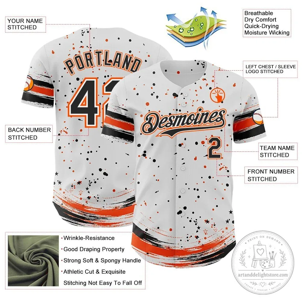 Custom White Black Orange Stars Paint Splatter Brush Stroke Baseball Jersey 7 Custom White Black Orange Stars Paint Splatter Brush Stroke Baseball Jersey