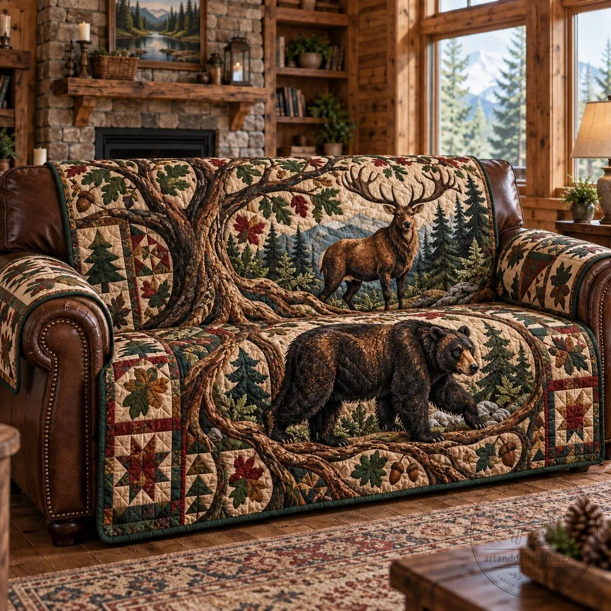 Rustic Woodland Wildlife Quilted Sofa Cover with Deer and Bear
