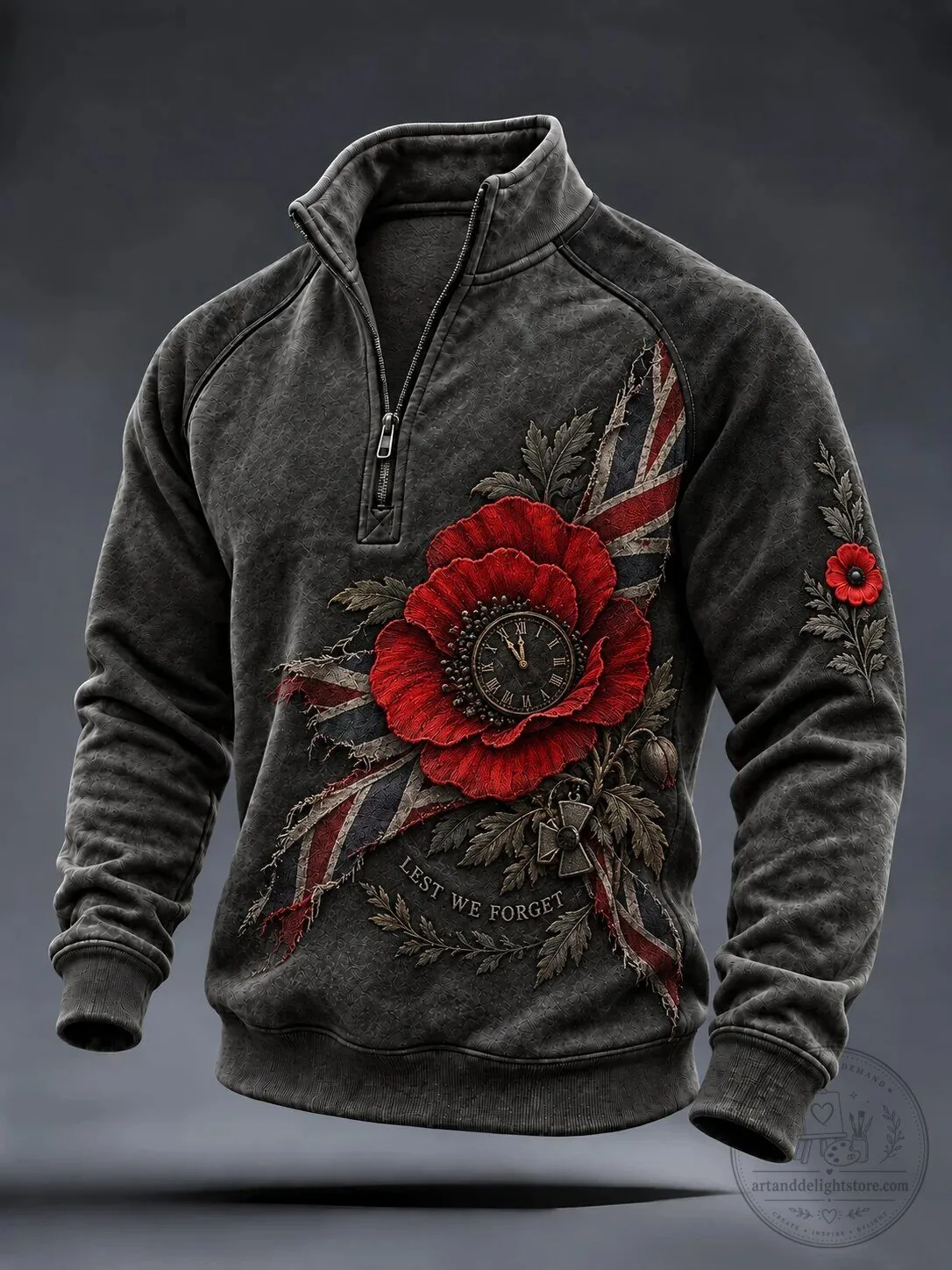 Lest We Forget Remembrance Day Poppy Union Jack Quarter Zip Sweatshirt