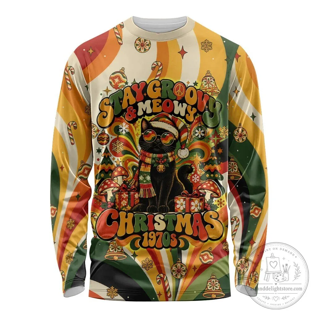 Stay Groovy Meowy Christmas Black Cat Vintage 1970s Retro Holiday Long Sleeve Shirt