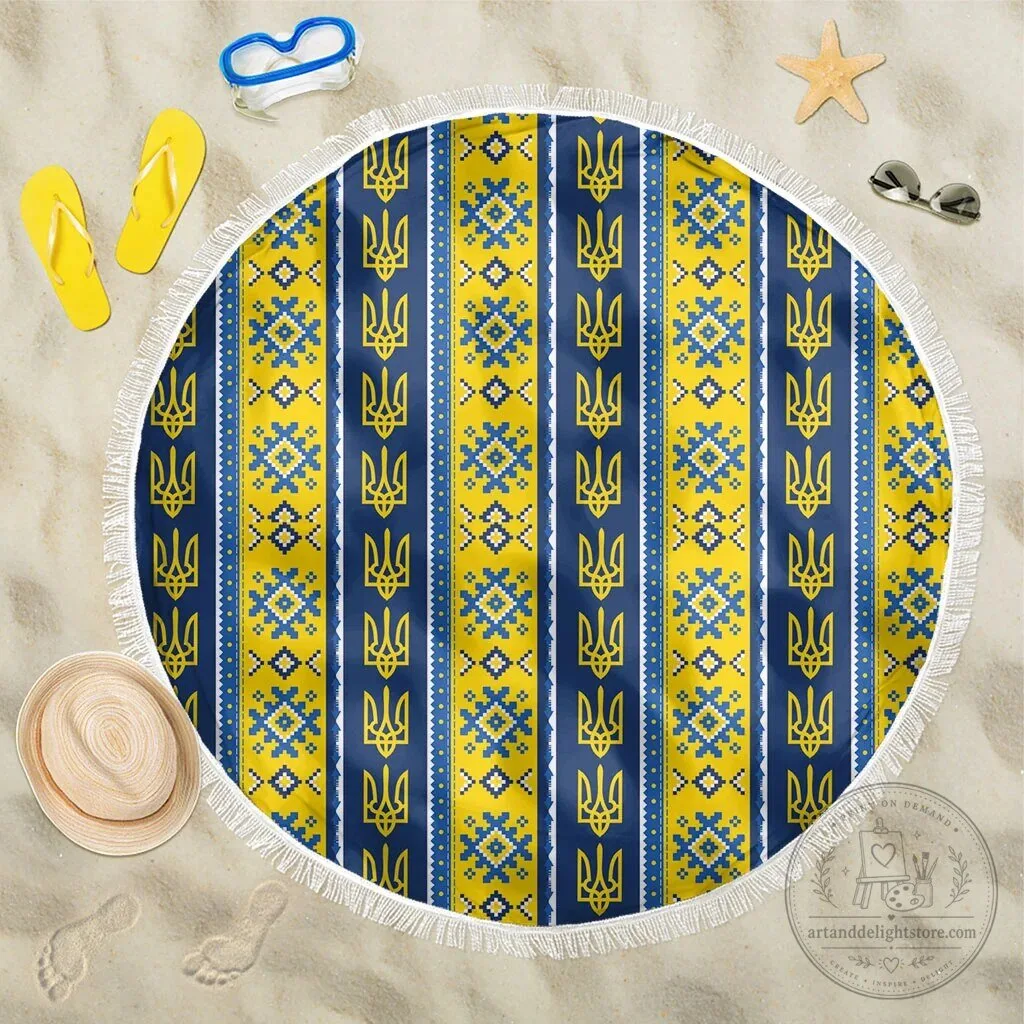 Ukrainian Trident Pattern Round Beach Blanket with Fringe