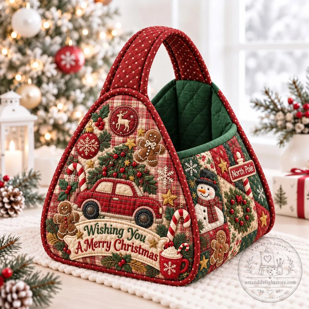 Christmas Quilted Holiday Basket with Vintage Truck and Gingerbread Man Design