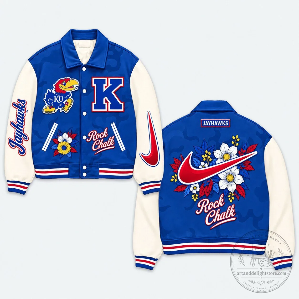 Kansas Jayhawks Blue and Cream Varsity Jacket with Rock Chalk Design