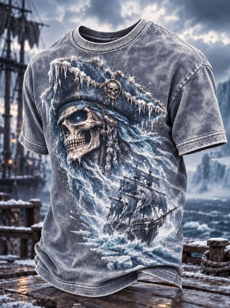 Pirate Skull and Ship Graphic Design Men's Short Sleeve T-Shirt