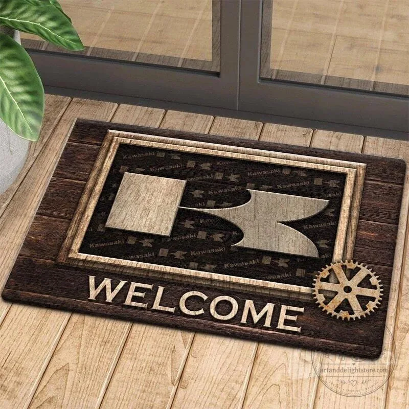 Kawasaki Motorcycle Brand Logo Welcome Doormat for Home Entryway Decor