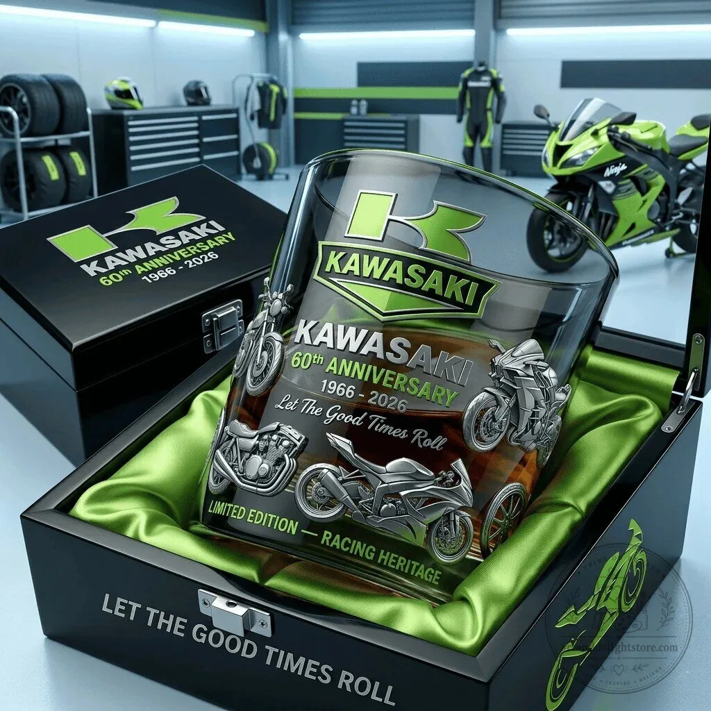 Kawasaki 60th Anniversary Whiskey Glass Celebrating Racing Heritage for Motorcycle Enthusiasts