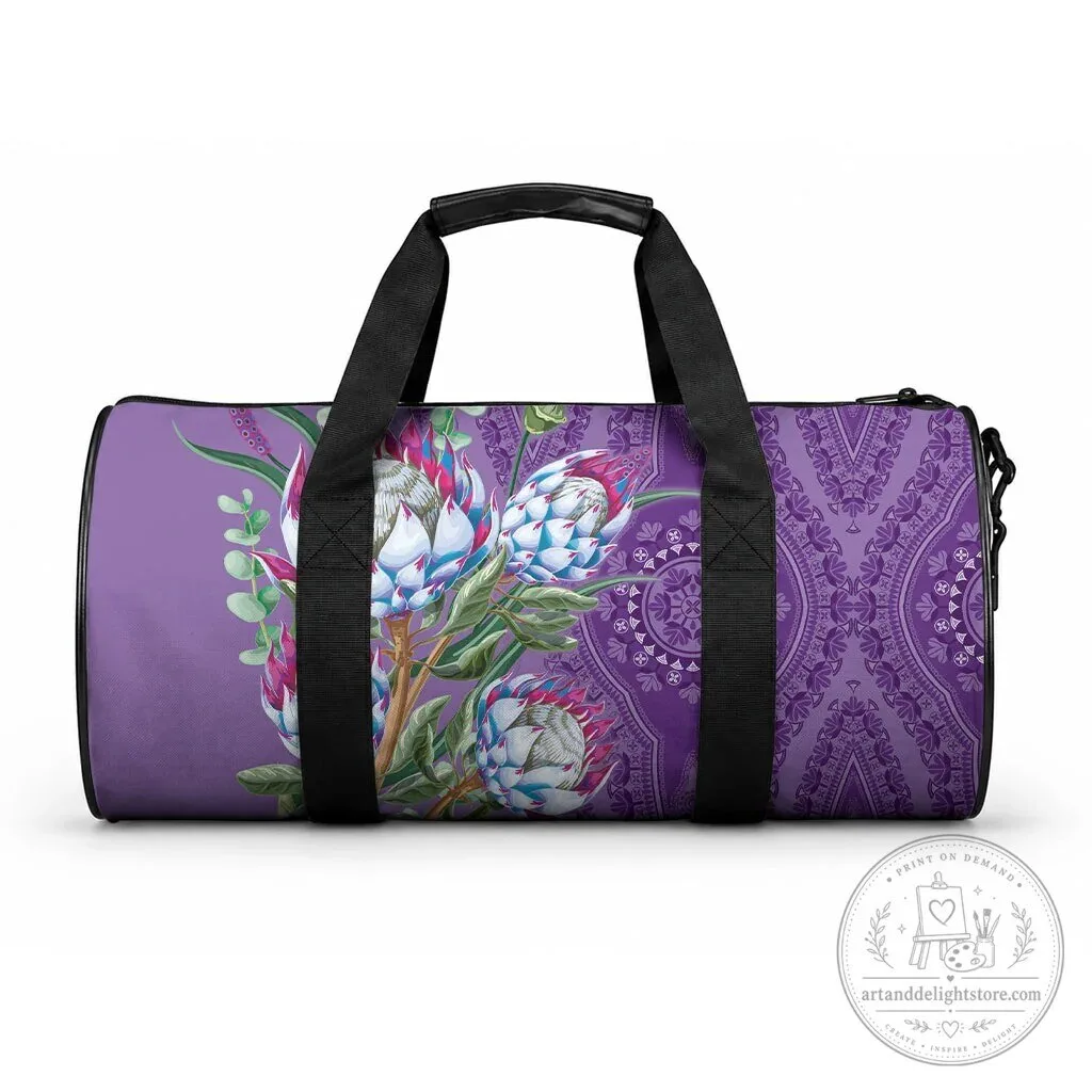 African King Proteas Dashiki Motif Violet Floral Duffle Bag