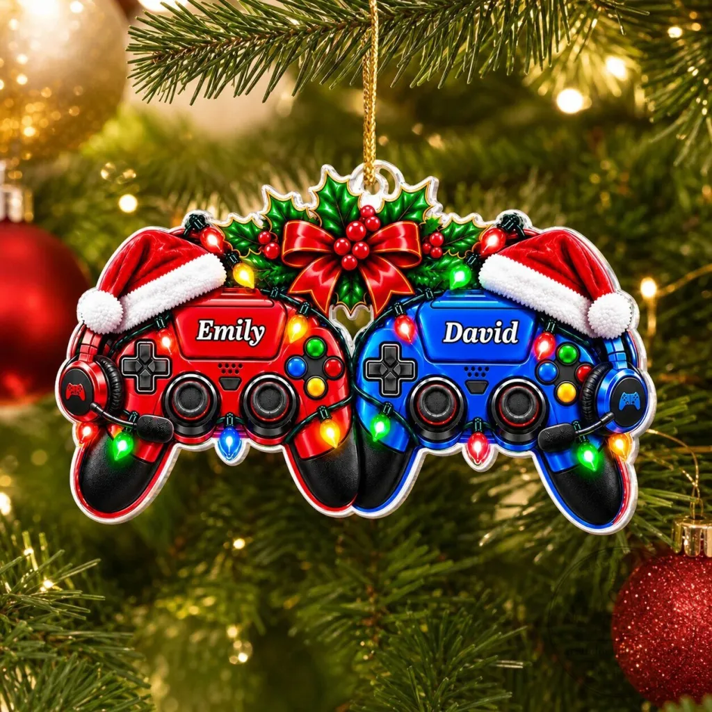 PC Gaming Couple Christmas Tree Ornament Personalized with Names PC Gaming Couple Christmas Tree Ornament Personalized with Names
