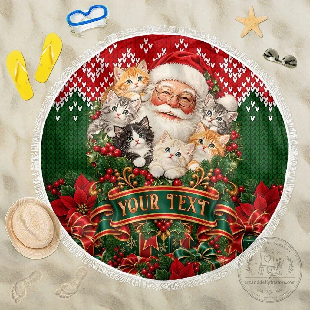 Personalized Santa Claus Kittens Christmas Round Beach Blanket