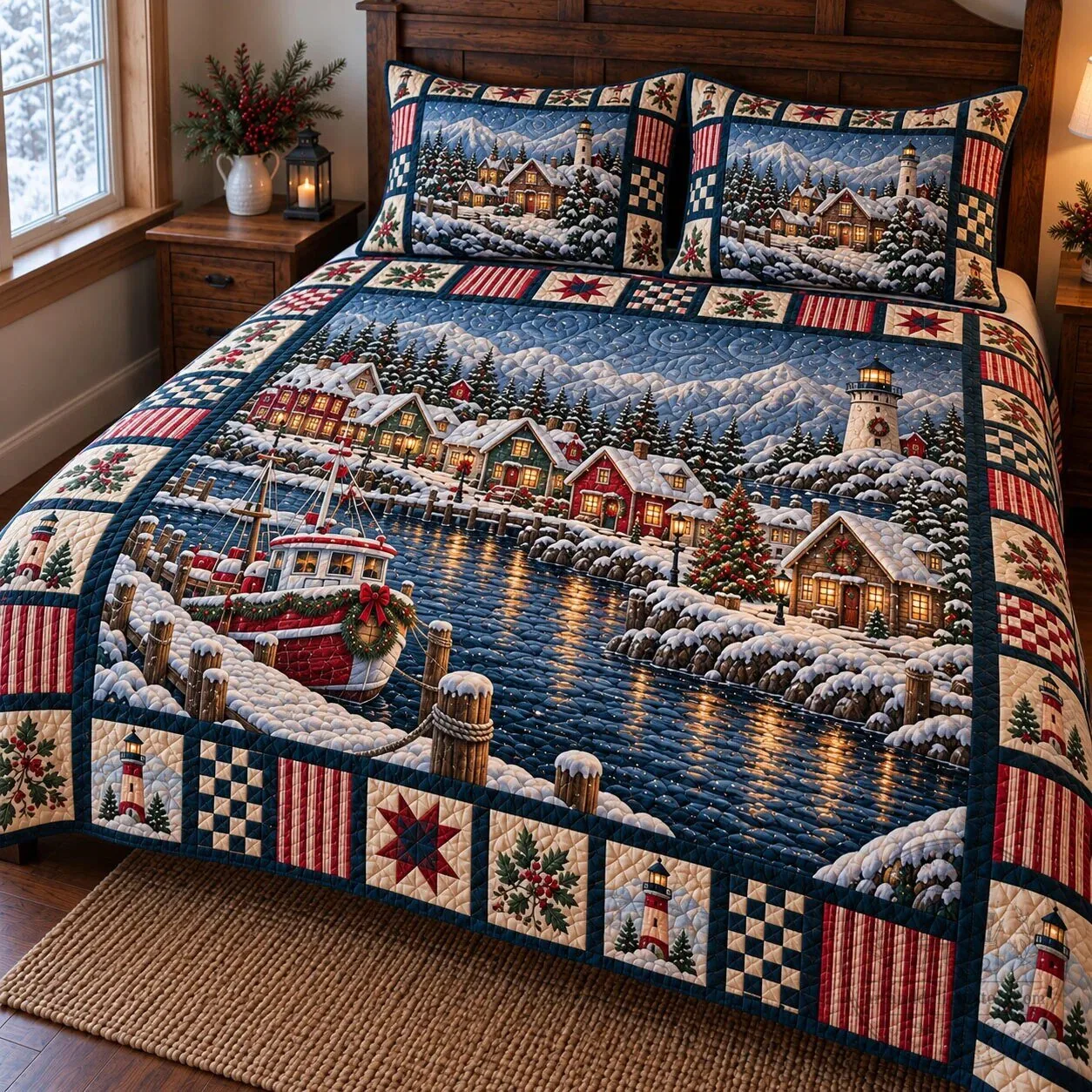 Christmas Village Winter Wonderland Quilted Bedding Set with Lighthouse and Boat