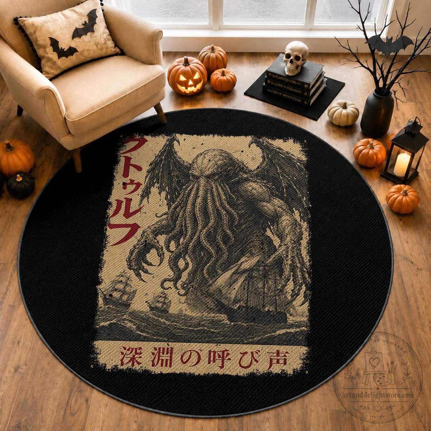 Cthulhu Japanese Ukiyo-e Monster Round Area Rug 1 Cthulhu Japanese Ukiyo-e Monster Round Area Rug