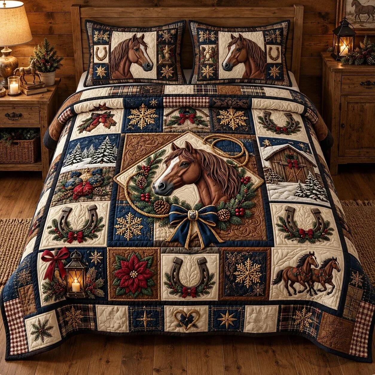Western Horse Holiday Charm Quilted Bedding Set with Horse and Snowflake Design