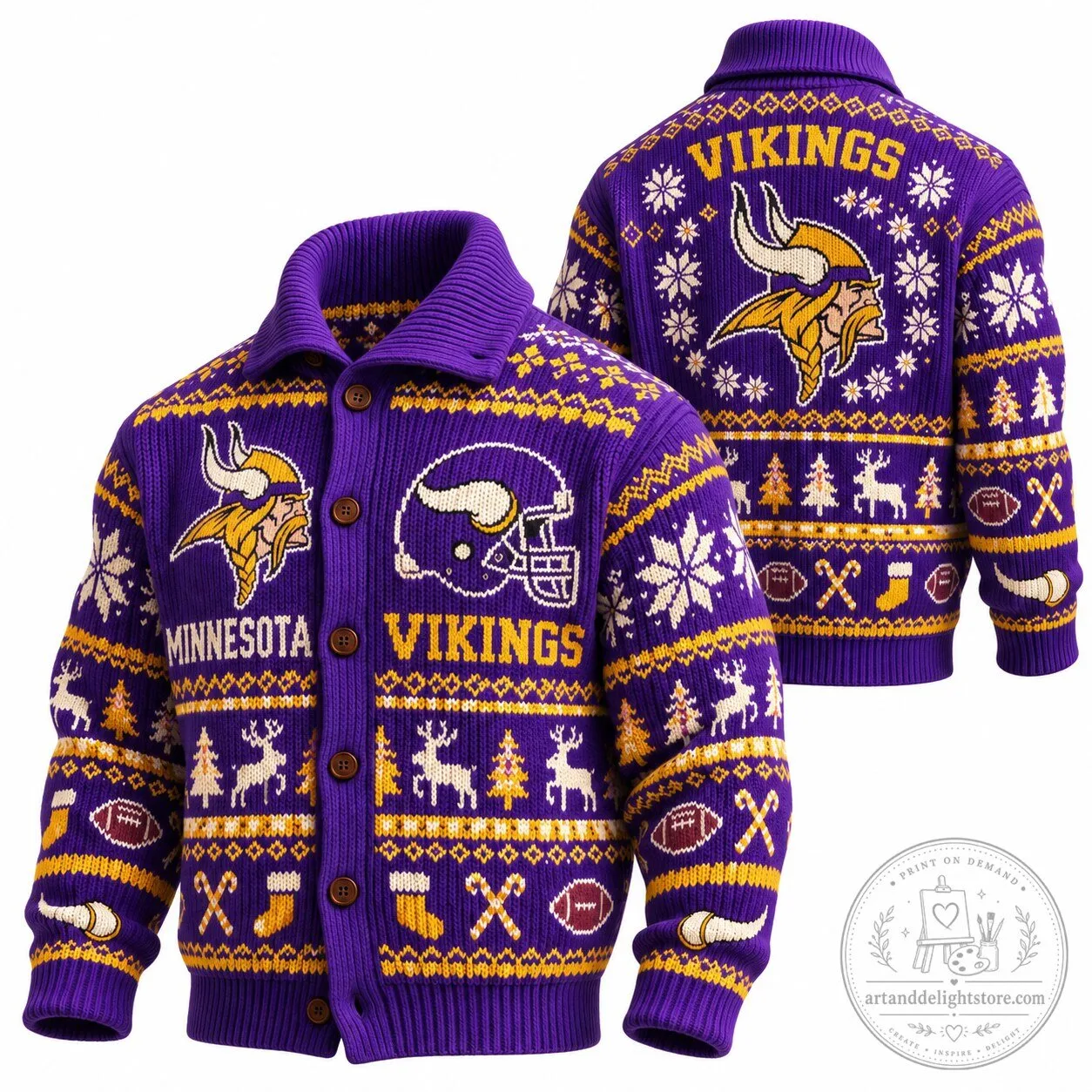 Knit Cardigan for Christmas featuring Minnesota Vikings NFL Ugly Sweater Design