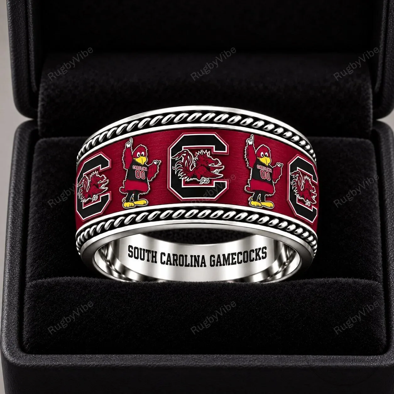 South Carolina Gamecocks Mascot and Logo Red Stainless Steel Ring