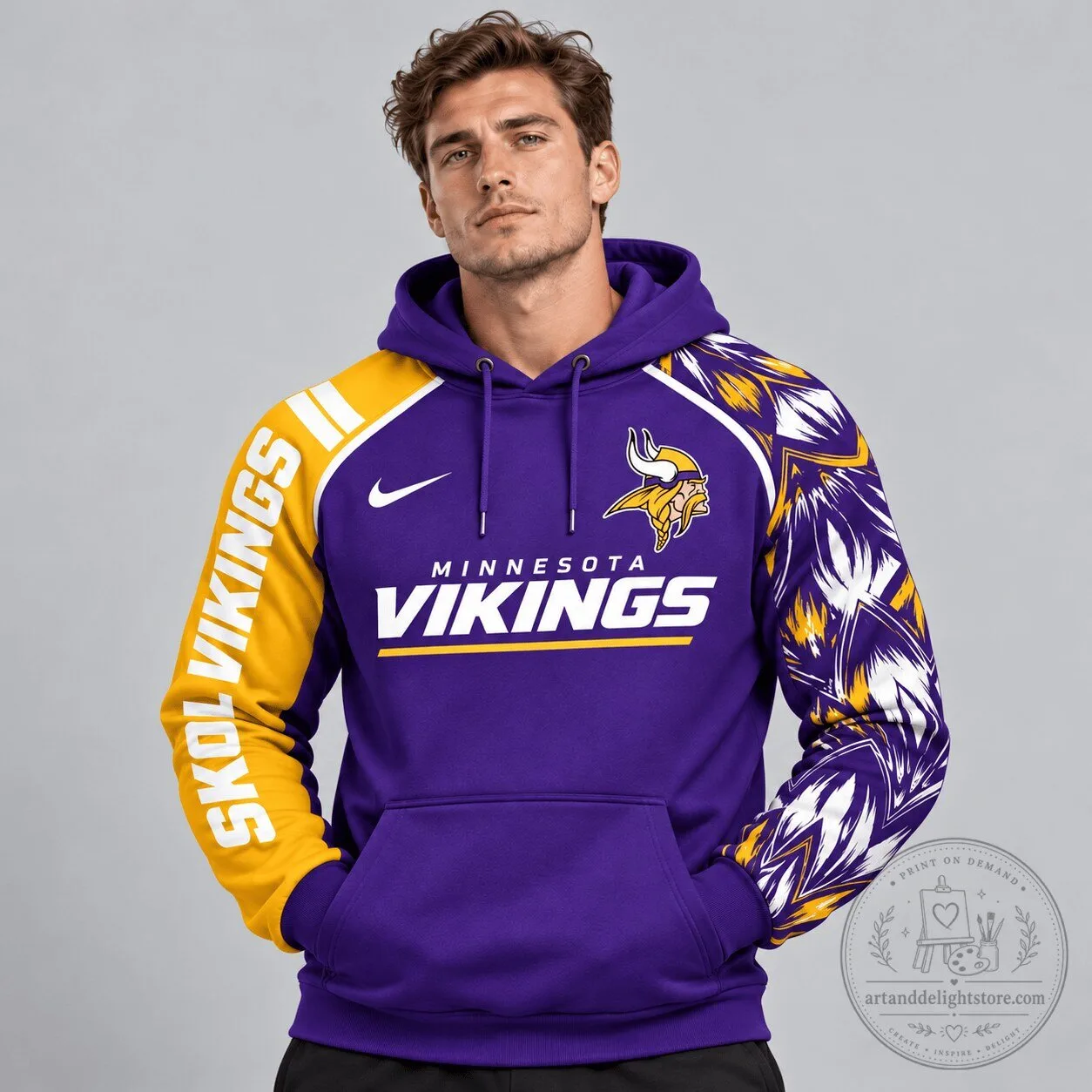 Minnesota Vikings Dynamic Brushstroke Graphic Asymmetric Sleeve Pullover Hoodie