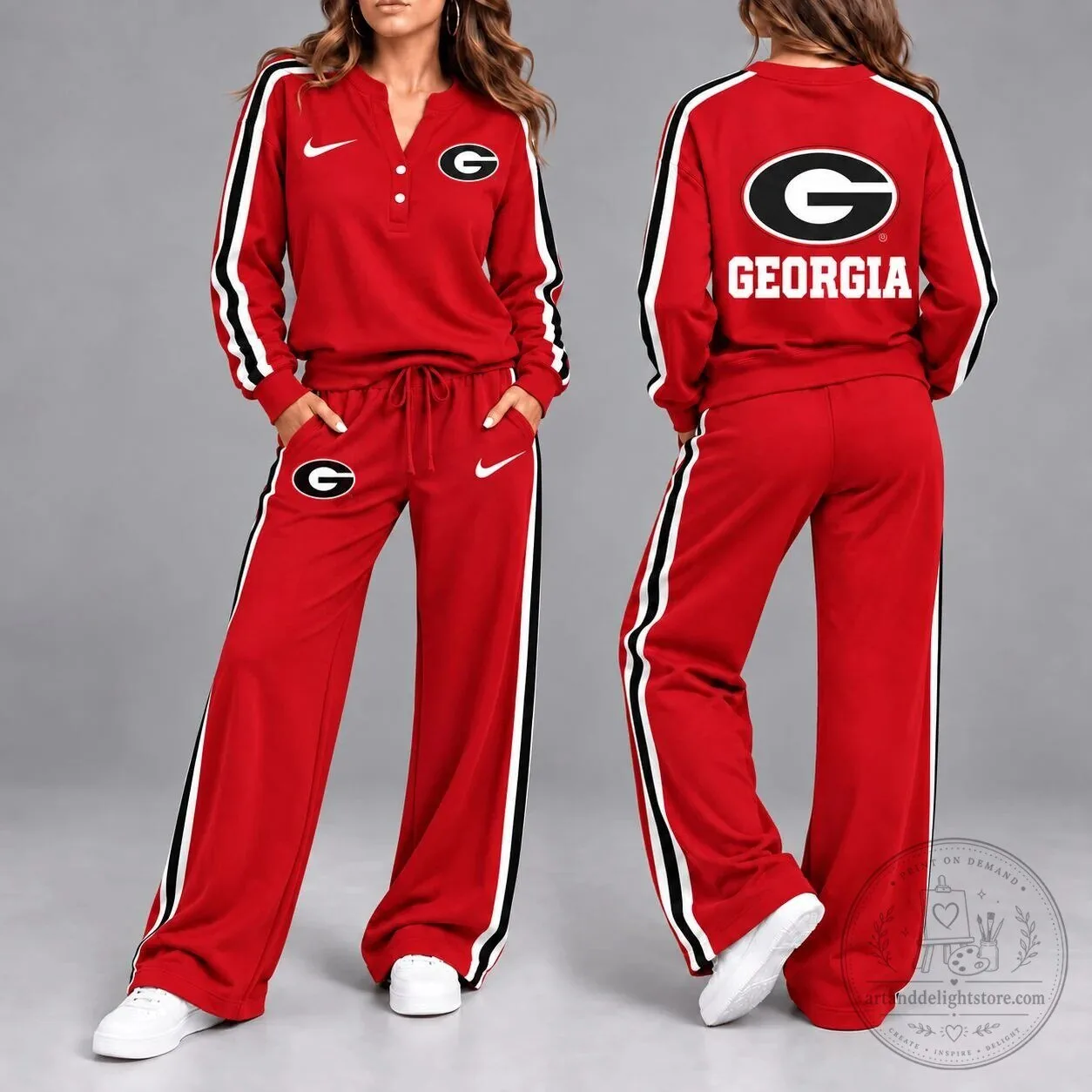 Georgia Bulldogs NCAA Red Long Sleeve Pullover Top and Wide Leg Sweatpants Set 1 Georgia Bulldogs NCAA Red Long Sleeve Pullover Top and Wide Leg Sweatpants Set