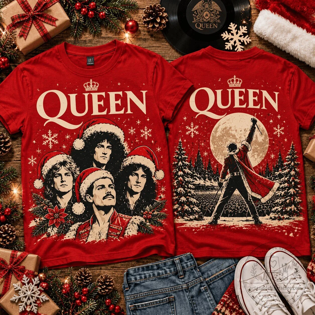 Queen Band Christmas Holiday Collage Graphic T-Shirt