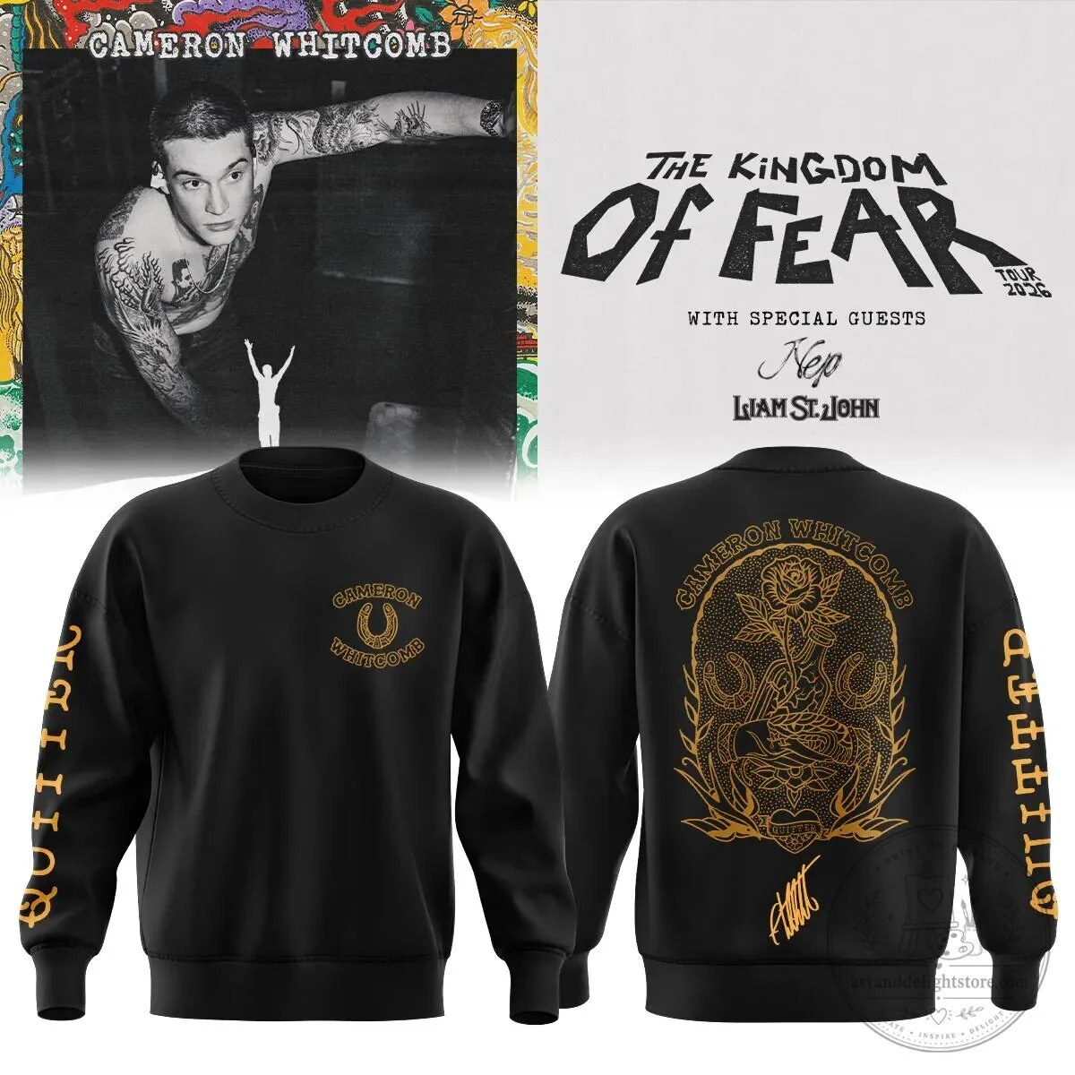 Cameron Whitcomb The Kingdom of Fear Tour 2026 Black Crewneck Sweatshirt